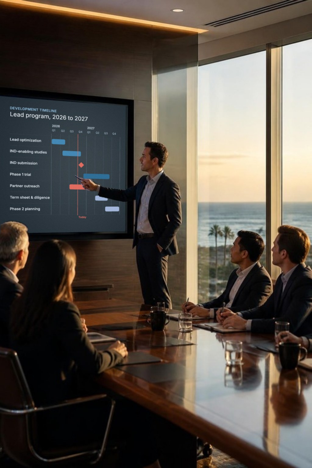 Advisor presenting a development timeline Gantt chart Advisor presenting a development timeline Gantt chart on a wall display to a leadership team in an ocean-view conference room